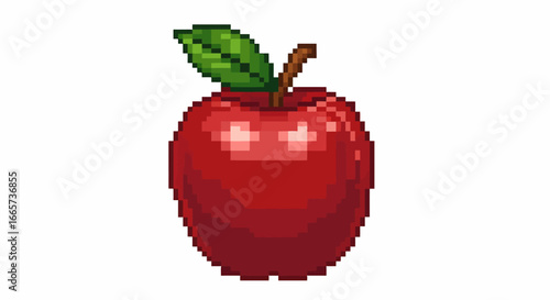 Pixel art depiction of a vibrant red apple with a green leaf and brown stem.