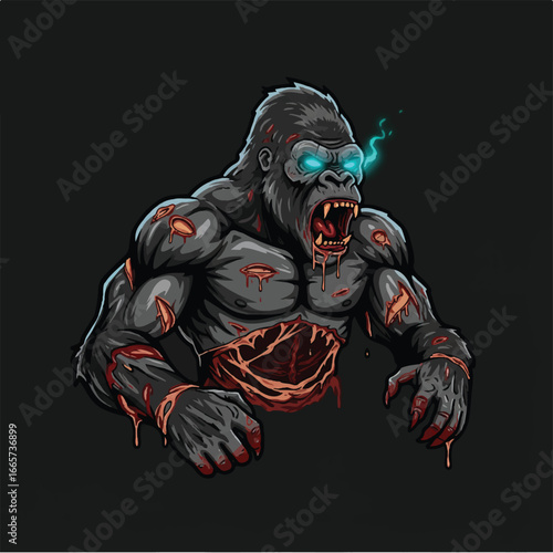 An aggressive, muscular zombie gorilla with glowing blue eyes, fangs, and gruesome bloody wounds exposing its internal organs.