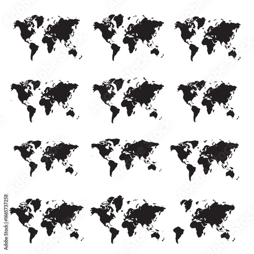 Vector illustration of world map silhouette set, Black & White silhouette set