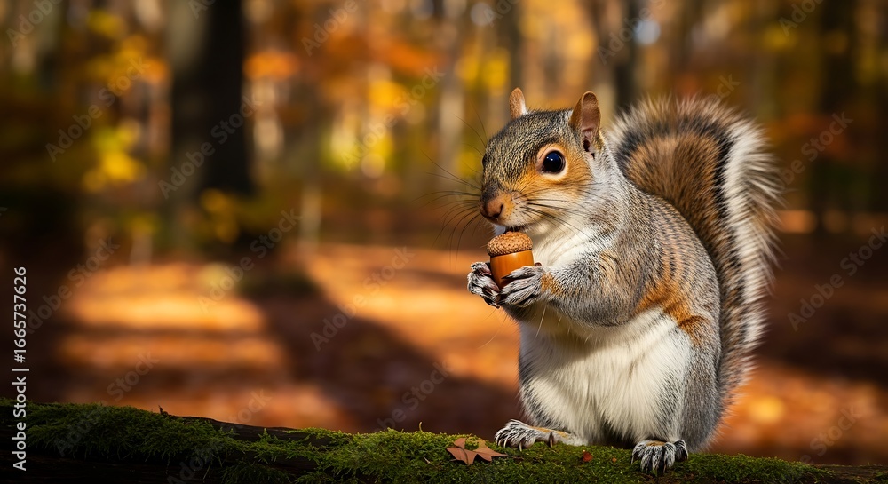 Fototapeta premium Gray Squirrel Eating Acorn in Autumn Forest.