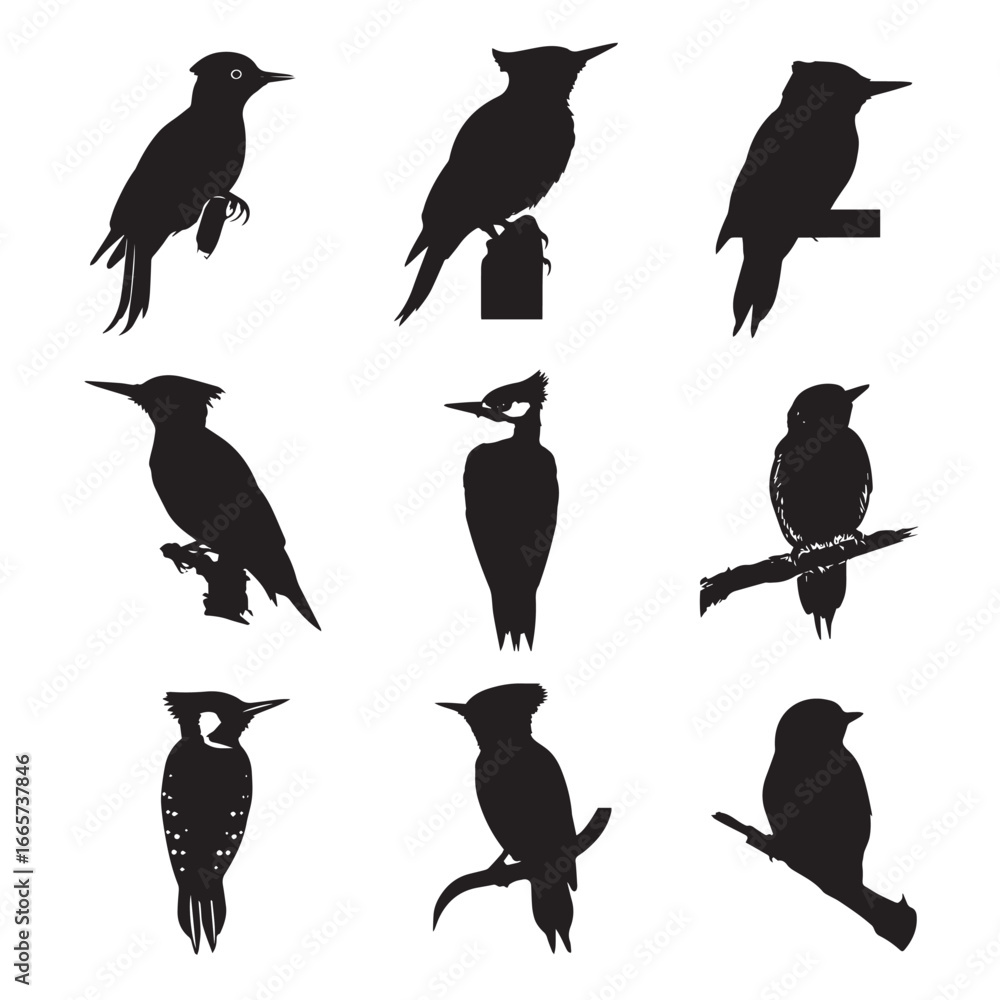 Obraz premium Vector illustration of woodpecker silhouette set, Black & White silhouette set