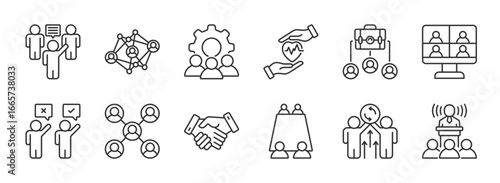 Human Interaction Line Editable Icons set Collection. Containing communication, connection, chat, relationships, socializing, meetings, group, relationship and more. Editable stroke. EPS 10