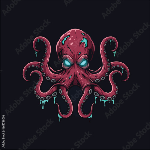 A menacing, stylized illustration of a vibrant red octopus with glowing blue eyes and dripping tentacles against a dark background.