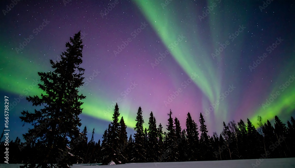 Fototapeta premium Majestic aurora borealis displays a vibrant spectrum of colours across a night sky, with silhouettes of evergreen trees framing the scene.
