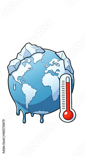 Cartoon Illustration of Global Warming with Melting Ice and High Temperature