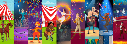 Cartoon circus performer characters collage. Animal tamer, aerial and riding penny-farthing bicycle acrobats, clown, juggler, strongman and magician performers vector personages on circus stage