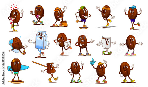 Cartoon groovy coffee bean, cup, milk box and cezve pot characters. Funny retro hippie brown coffee bean vector personages with sunglasses, sugar and donut, surfboard, flower bouquet and skateboard