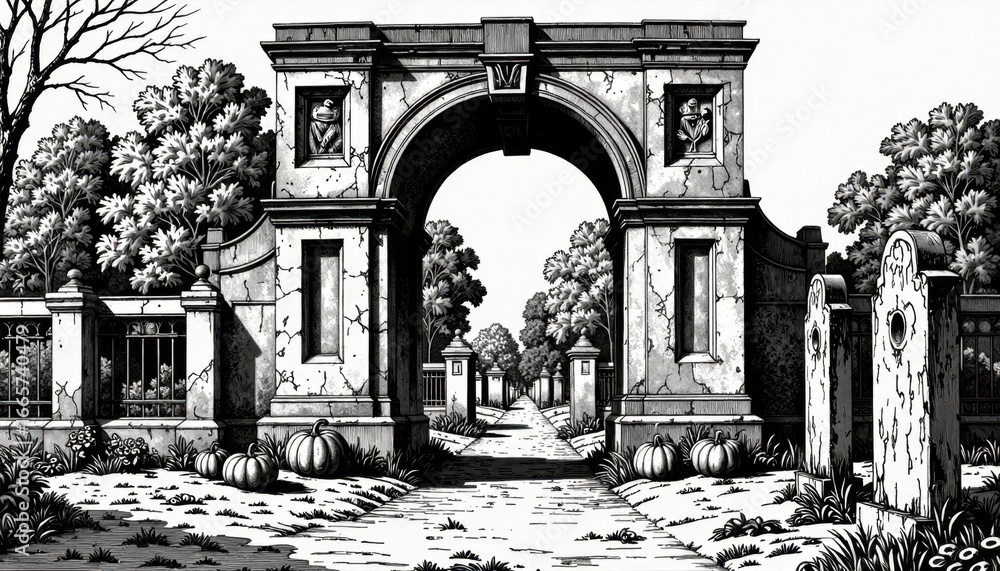 Fototapeta premium Gothic Cemetery Archway: Monochrome Halloween Illustration, Spooky Autumn Path
