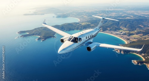 Wallpaper Mural Aerial View of a Private Jet Flying Over Turquoise Coastline and Scenic Landscape, Travel concept, Summer Vocation Torontodigital.ca