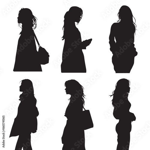 Vector illustration of woman silhouette set painting, Black & White silhouette set