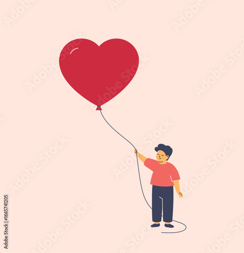 childcare and and social support. boy holds heart shape air ballon. Concept of medical aid, psychological help, donation and charitable for kids. Vector illustration.