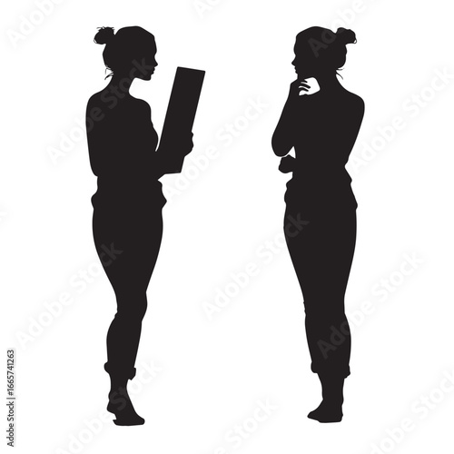 Vector illustration of woman silhouette set looking in mirror, Black & White silhouette set