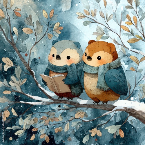 Cute Owls Reading Together on a Tree Branch in a Winter Scene