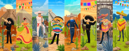 Mexican people characters collage on Mexico nature landscape vector background. Cartoon characters of mexican mariachi musician band with maracas, woman dancer, cowboy vaquero and agave farmer jimador