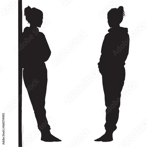 Vector illustration of woman silhouette set looking in mirror, Black & White silhouette set