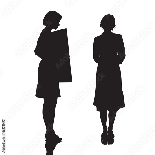 Vector illustration of woman silhouette set looking in mirror, Black & White silhouette set