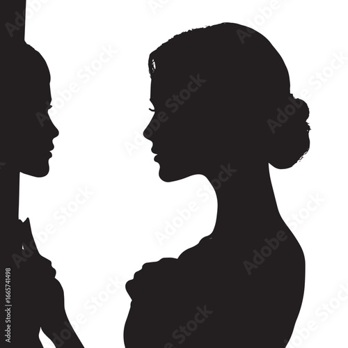 Vector illustration of woman silhouette set looking in mirror, Black & White silhouette set