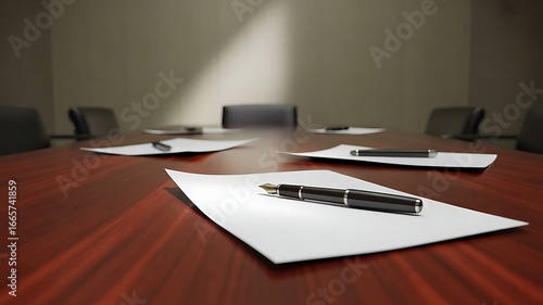 A meeting room table with papers and pens ready for discussion