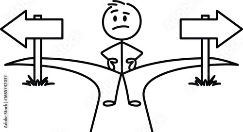 Stick figure at crossroads decision making choice dilemma