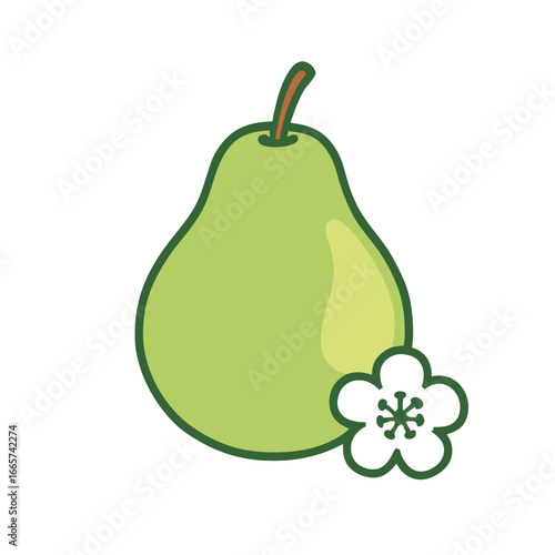 Green pear fruit with white flower on white background, illustration for food or health concept
