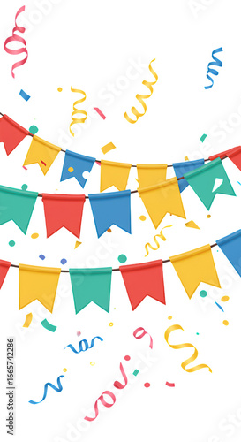 Colorful Party Flags and Streamers Illustration Isolated on Transparent Background