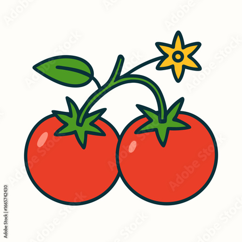 Two ripe red tomatoes with green leaves and yellow flower on white background, illustration