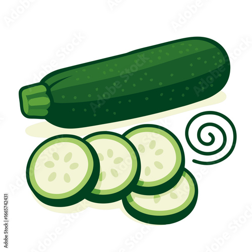 Green cucumber slices and whole vegetable in a colorful flat illustration style for food and nutrition concepts