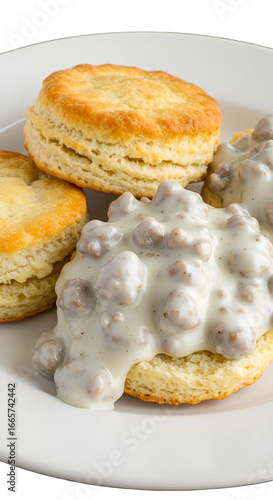 Delicious Biscuits And Gravy On White Plate Isolated Photo