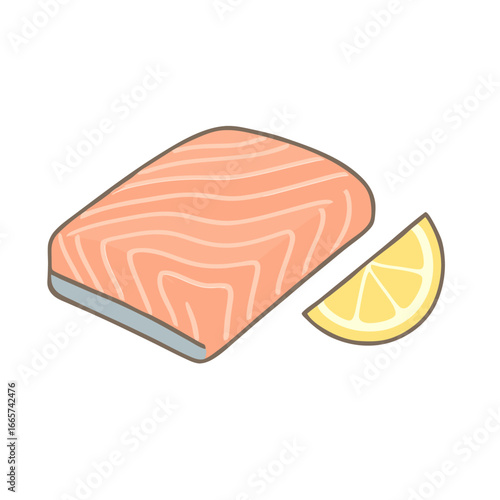Raw salmon fillet with lemon wedge on white background for seafood or restaurant concept