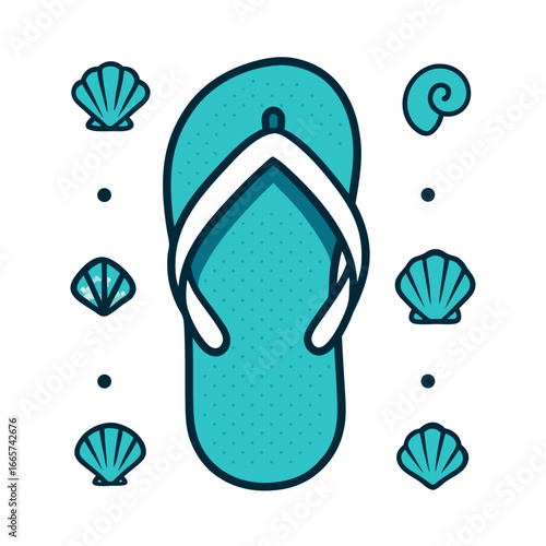 Vibrant turquoise flip flop with white straps surrounded by stylized seashells on white background for summer vacation and beach lifestyle concepts