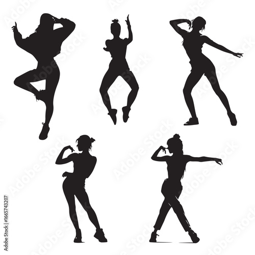 Vector illustration of woman silhouette set dancing, Black & White silhouette set