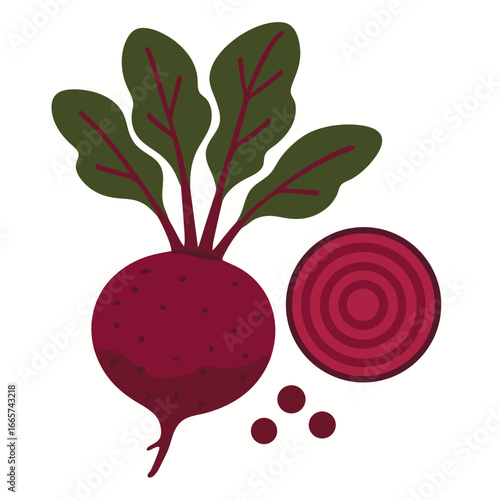 Vibrant beetroot with green leaves and sliced cross-section on white background for healthy food and nutrition concepts