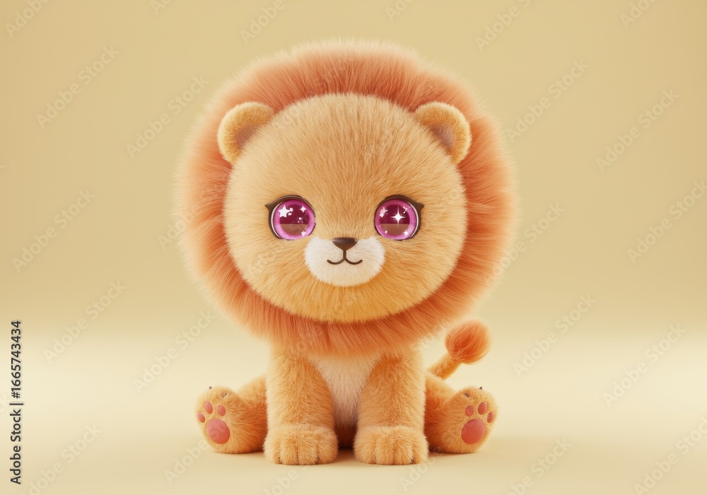 Fototapeta premium Fluffy, stylized lion cub with large, sparkling eyes, sits upright against a soft, muted yellow background