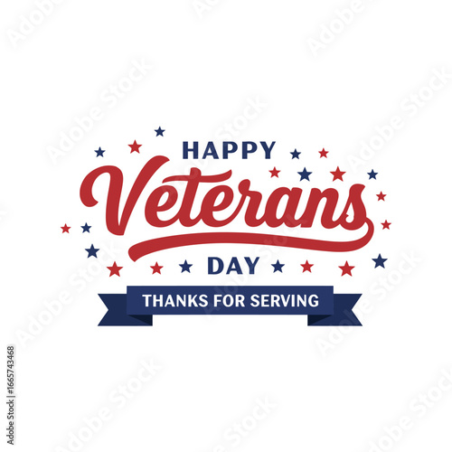 Happy veterans day typography with stars and ribbon thanks for serving