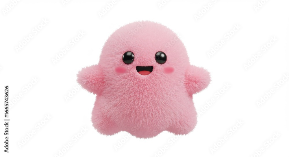 Fototapeta premium Fuzzy pink blob character with a happy expression, big eyes, and rosy cheeks on a white background