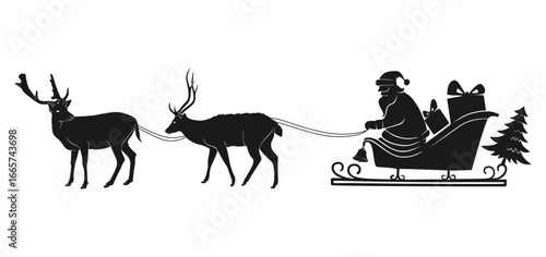 black silhouette illustration of Santa Claus riding in a sleigh pulled by two reindeer. The sleigh is filled with Christmas gifts and a decorated tree, while Santa holds the reins guiding the reindeer