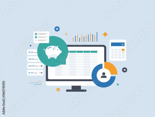 Personal finance budgeting tools with expense tracking and savings planning optimization. Personal financial management, income analysis and money control for smarter decisions vector illustration