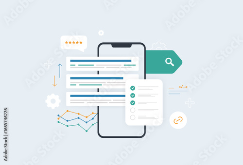 SEO checklist with keyword optimization. Search ranking improvement content strategy, website audit and digital marketing tools for better seo online visibility vector illustration