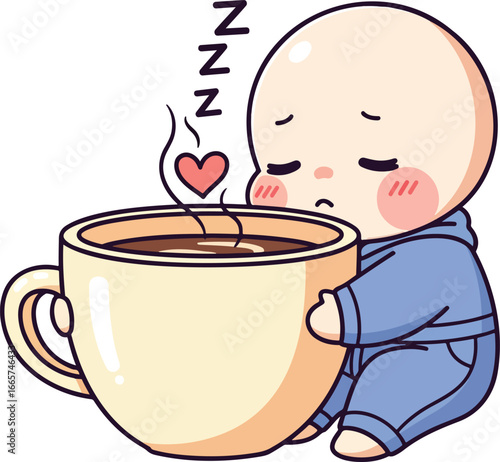 A sleepy, bald chibi character in blue pajamas hugs a large, warm cup of coffee, perfect for illustrating the need for a morning caffeine boost