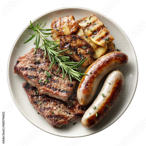 Grilled meats and potatoes on a plate