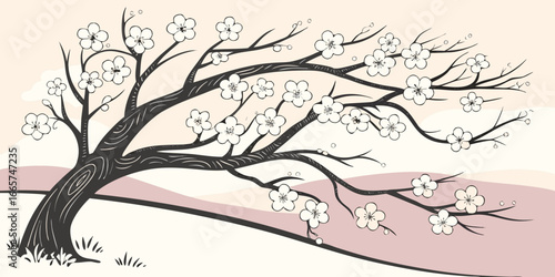 vector illustration white flowering plum tree in the first days of spring.