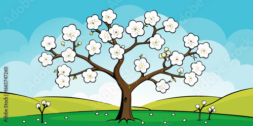 vector illustration white flowering plum tree in the first days of spring.