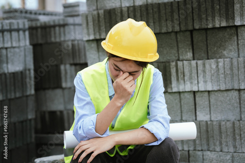 Foto Female construction worker in hard hat and safety vest looking stressed, highlighting workplace fatigue, pressure, mental health, and occupational challenges