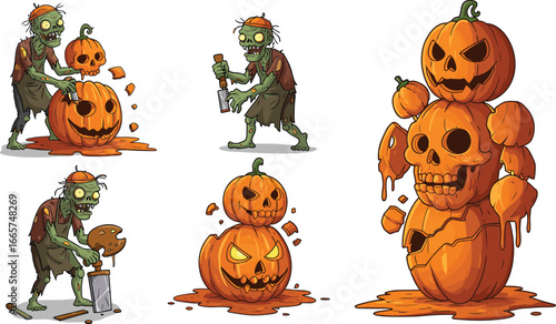 Zombie carving pumpkin cartoon illustration, creepy halloween jack o lantern, horror undead character, spooky scary monster artwork, autumn halloween design