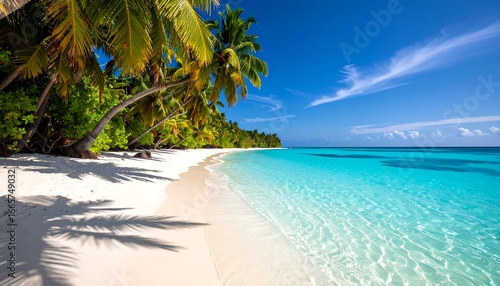 Fototapeta Naklejka Na Ścianę i Meble -  Pristine white sand beach stretches along a turquoise ocean, shaded by lush tropical palms under a vibrant blue sky.