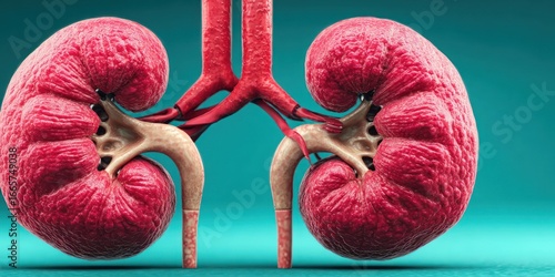 3D-rendered illustration of the human kidney organs, showing two kidney-shaped slabs on a blue background, high-resolution anatomical concept for medical education, healthcare, biology