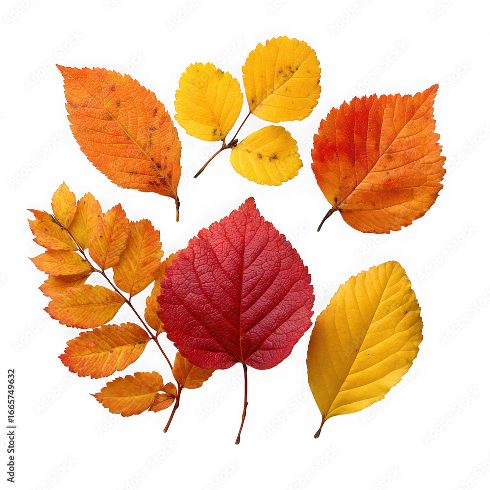 Fototapeta premium A collection of vibrant autumn leaves in various shapes and colors isolated on transparent background