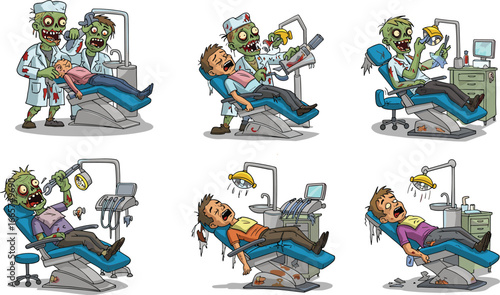 Zombie dentist treating scared patients in horror dental clinic, creepy cartoon illustration, halloween scary monster doctor, undead dental chair spooky artwork