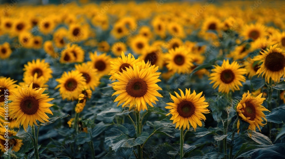 Naklejka premium Sunflowers field at sunset