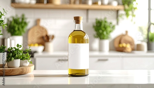 Elegant olive oil bottle with blank label on modern kitchen counter for product mockup and branding design
